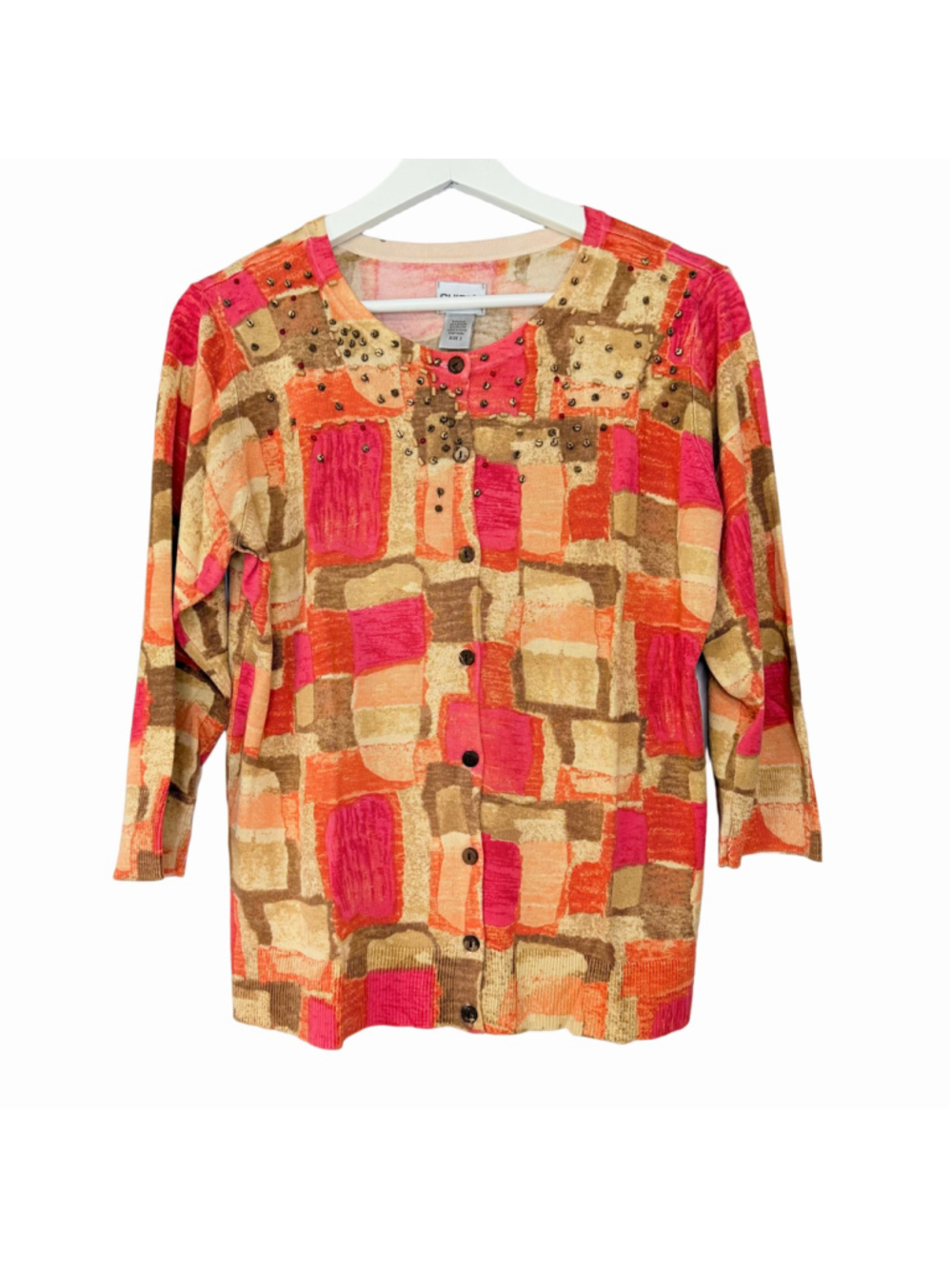 Chico's Abstract Geometric Beaded Silk Blend Cardigan Women's Large